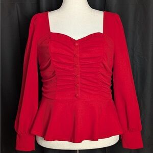 Women’s Vintage Red Ruched Puffed Long Sleeve Peplum Hem Top